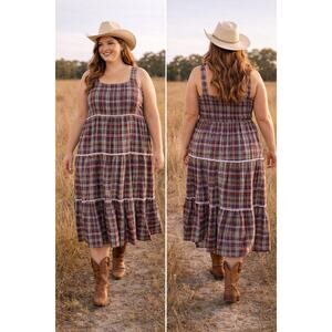 Cider Curve Wine Red Plaid Tiered Maxi Dress Size 2XL Square Neck Ruffle Trim